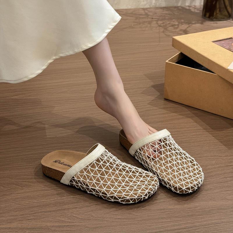 Flat-bottomed mesh fashion outer wear silver bag head half slippers women's shoes 2025 new summer soft-soled cool slippers
