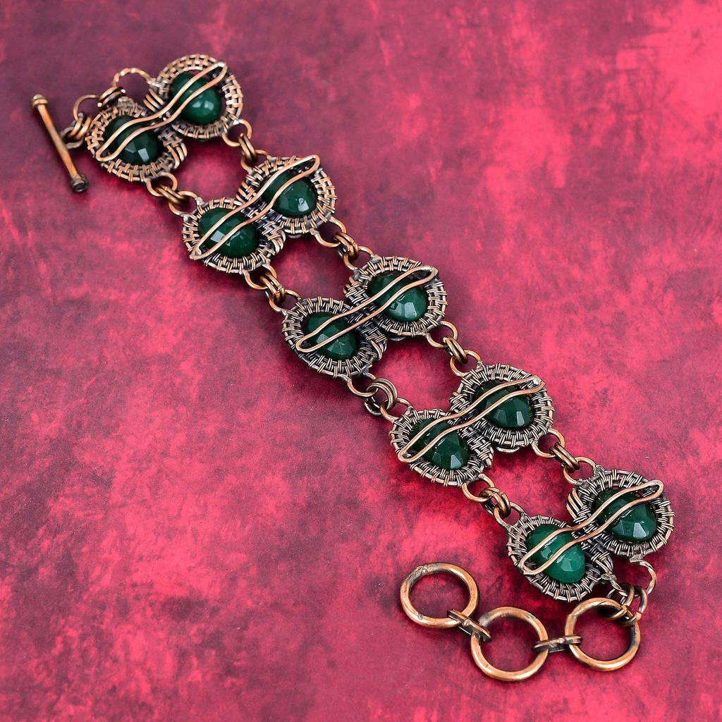 Faceted zambian emerald bracelet copper wire wrapped adjustable chain bracelet gemstone jewelry handmade bracelet for gifts copper jewelry