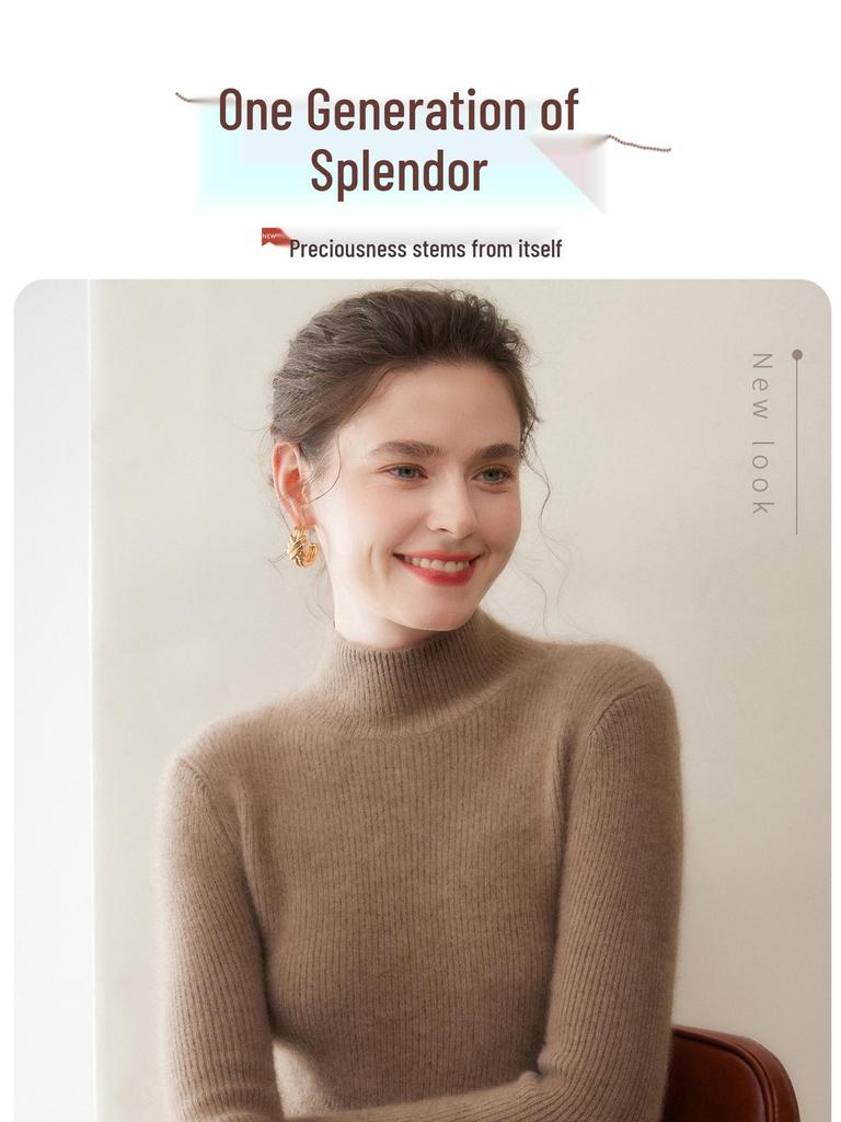 Women's Thickened Double-Strand Cashmere Sweater: Soft, Skin-Friendly, Ribbed, Slim-Fit, Solid Color, Half-High Collar, Flattering Knit Design.