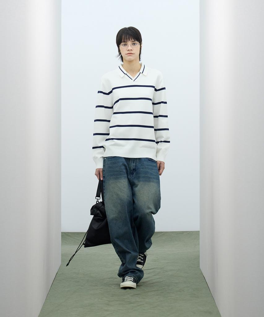 IRONYPORNO WHITELINE 86-Iroj365 Open-Neck Striped Long-Sleeve Knit White