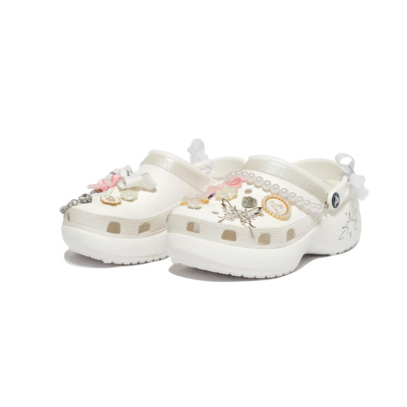 Crocs Classic Platform Clog Star EVA Bow Classic Cloud Girl Versatile Hole Shoes Women's Silver White