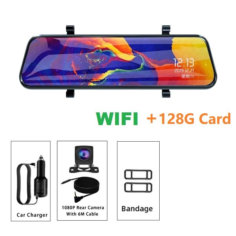 Pantalla Táctil de 10'' Coche Stream Media Dashcam DVR 1080P Lente Dual IPS Espejo Retrovisor Cámara de Salpicadero Visión Nocturna Grabadora de Vídeo