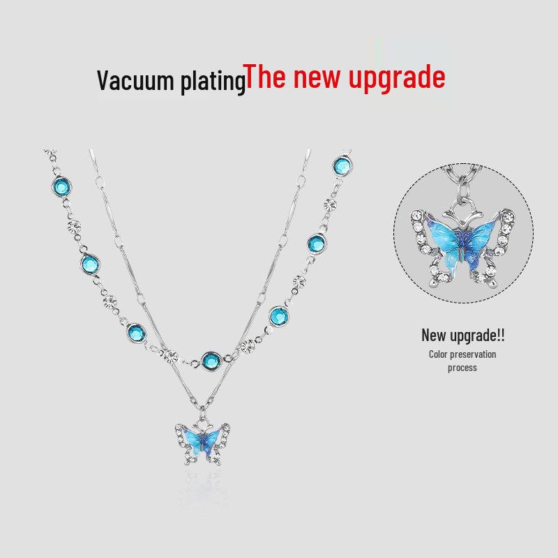 Double Layer Deep Blue Butterfly Pendant Necklace for Women - Chic, Layered Clavicle Chain with Light Luxury, High-End Niche Design
