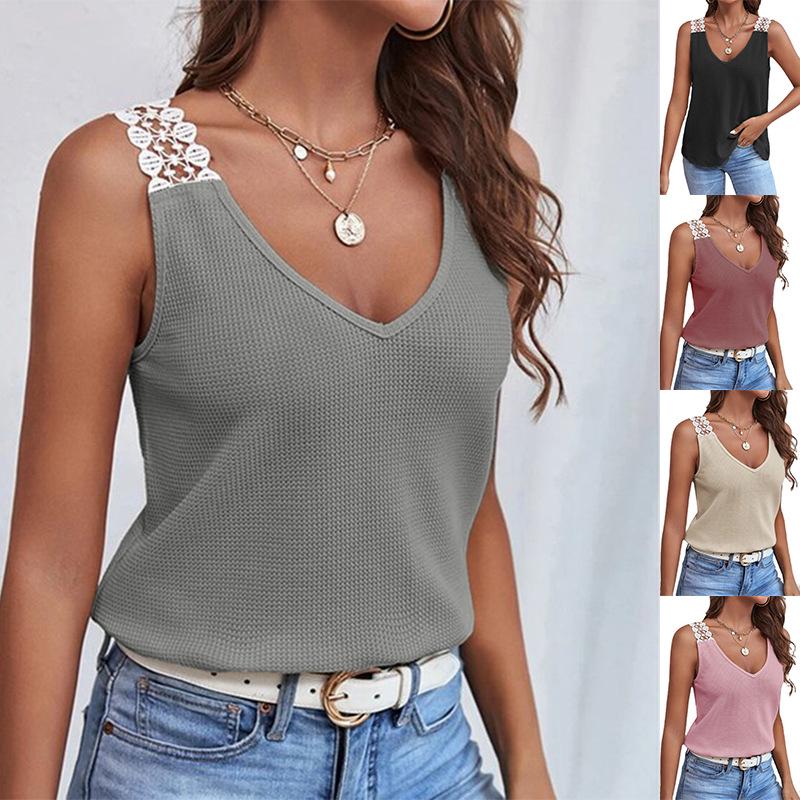 

2025 Women s Solid Casual Lace Waffle Knit Patchwork Tank Top S кирпич красный