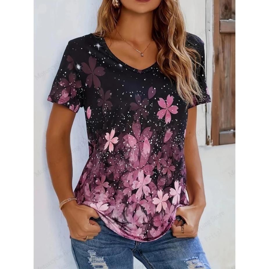 Summer V-neck 3D Petal Printed Top Fashionable Casual Short Sleeved Women's T-shirts