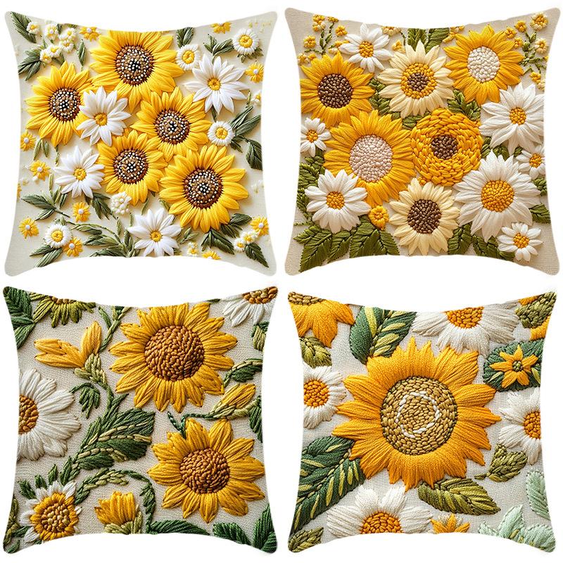 New Sunflower Pillow Sofa Cushion Short Plush Printed Pillow Cover Set of Four