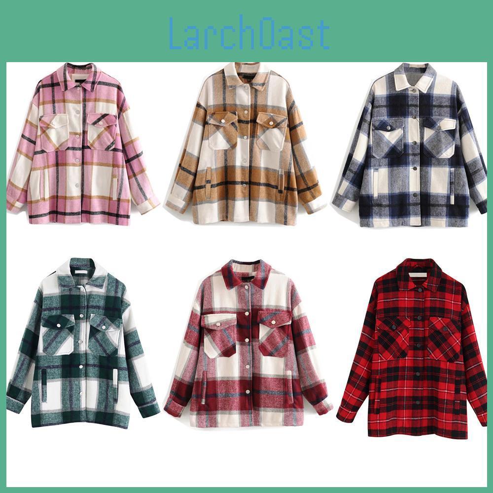 Winter Plaid Striped Shirt Thick Jacket Long Sleeve Coat Overshirt With Big Pockets