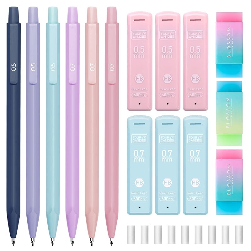 deli Set of 6 colored mechanical pencils 3 pastel mechanical pencils 0.5mm 0.7mm Comes with 6 HB resin cores 3 erasers 9 cap erasers Cute mechanical