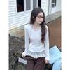Korean Style Lace Patchwork V-neck Long-sleeve Casual Women's Top 2026