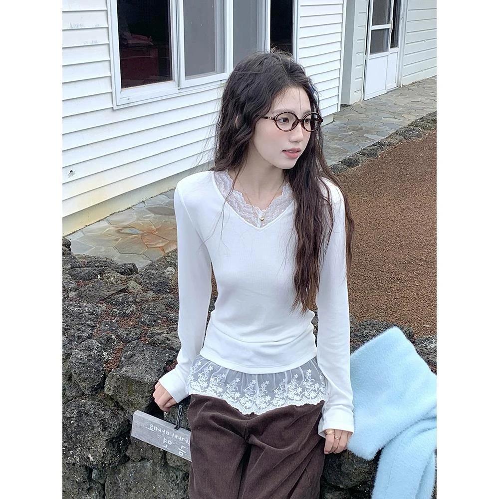 Korean Style Lace Patchwork V-neck Long-sleeve Casual Women's Top 2026