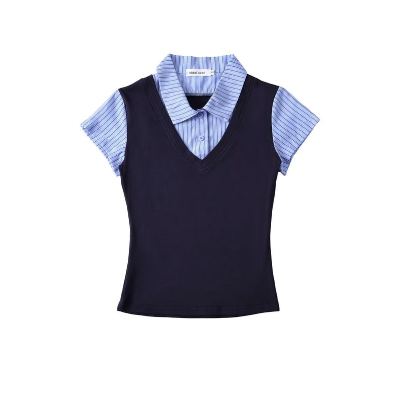 Zbzr Spring New Women Clothes Western Style American Vintage Fake Two Pieces Shirts Patchwork Short Sleeve Leisure Top