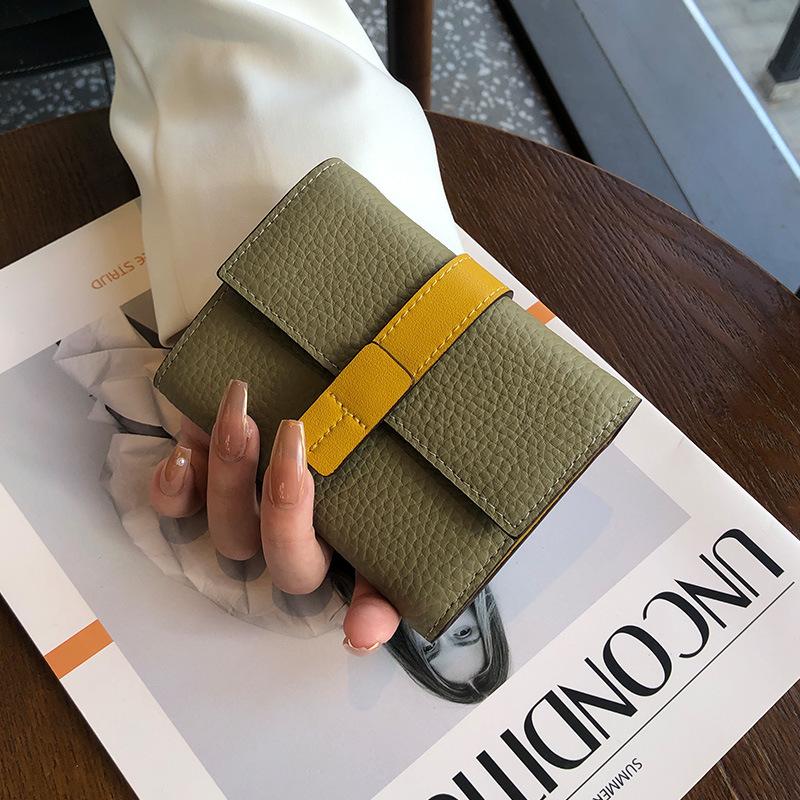 Leather Wallet Women s Short Color Contrast Top Layer Cowhide Wallet Multi-card Large Capacity Buckle Wallet Silver Bag