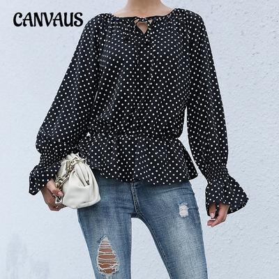 Spring and Autumn Women's Shirt Fashion Tie Black Polka Dot Long Sleeve Shirt Top