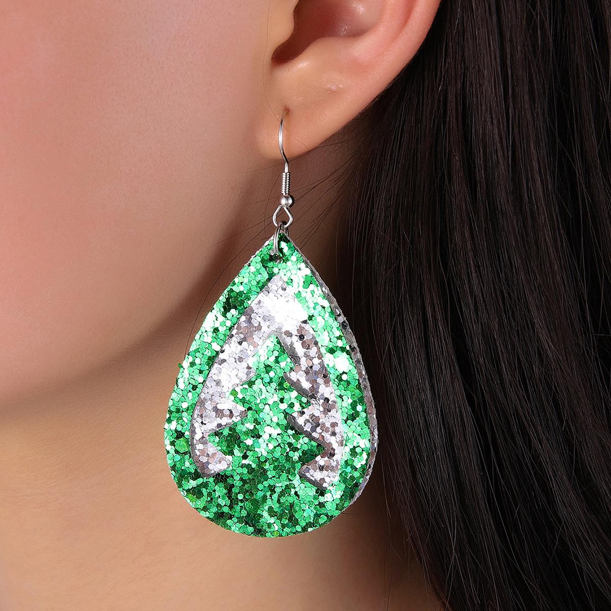 

European & American Red Plaid Teardrop Leather Earrings with Christmas Tree Cutout and Vintage Sequin Pendant