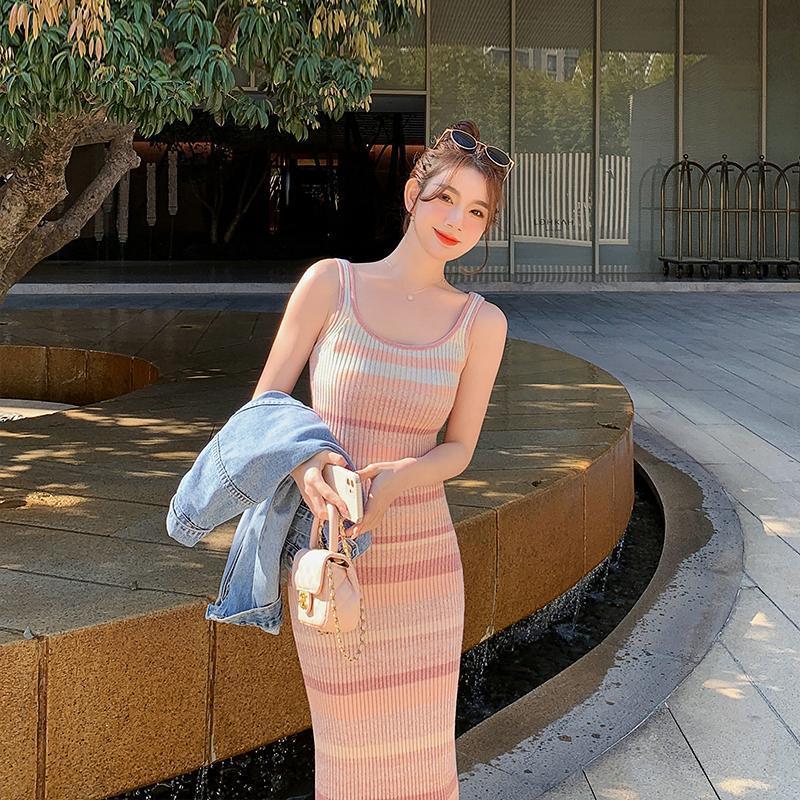 Women's Rainbow Stripe Sleeveless Knit Camisole Dress - Slim Fit Summer Mid-Length