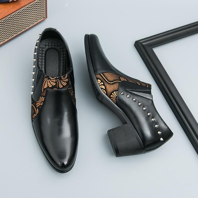 Fashion New Designer Pointed Punk Rivet Wedding Formal Leather Height Increasing Shoes For Men Casual Loafers Homecoming Dress Footwear