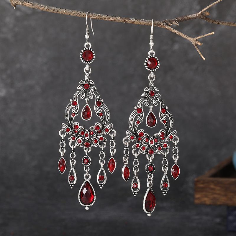 Vintage Ethnic Long Drop Tassel Earrings with Rhinestone Flower for Women