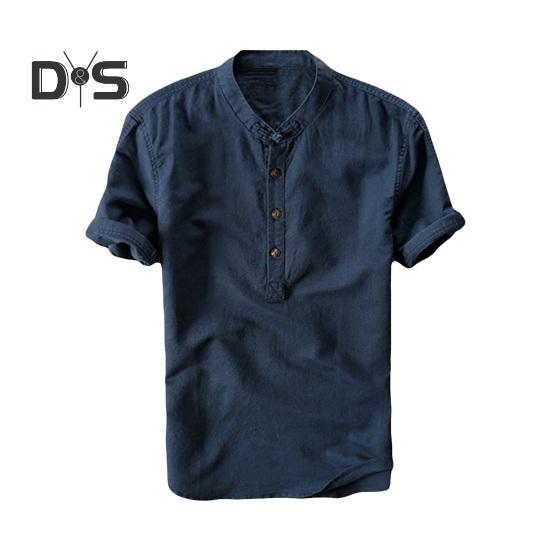 

Мужская летняя рубашка с воротником-стойкой, пуловер с короткими рукавами, средней длины, однотонный, повседневный, деловой стиль, пляжный топ для отдыха M темно-синий