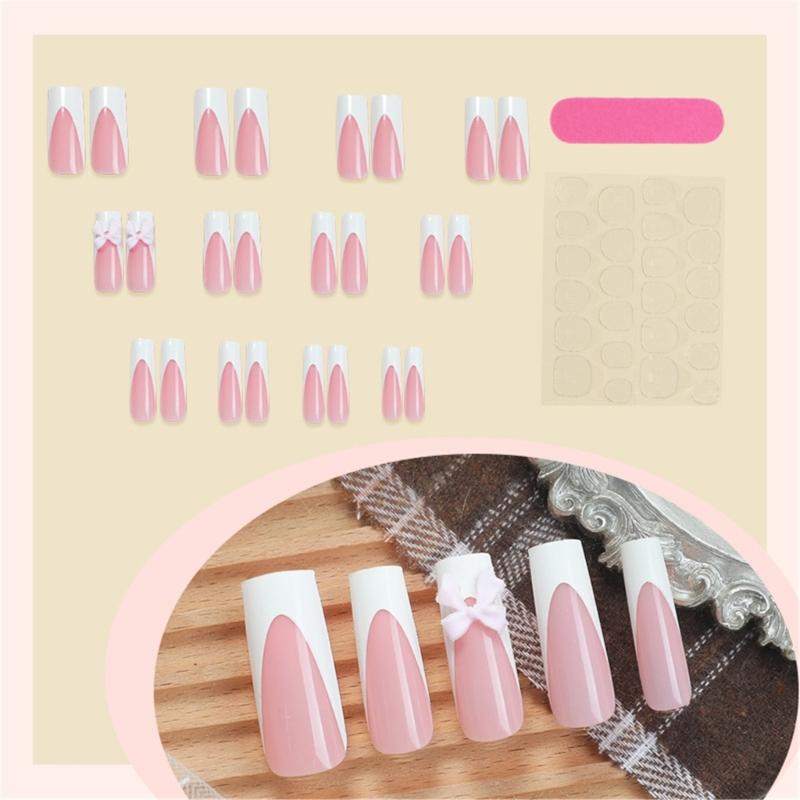 24x/Box 3D Bowknot Artificial Nails Press On Nails Full Cover Stick on Nails French Tip False Nails for Woman