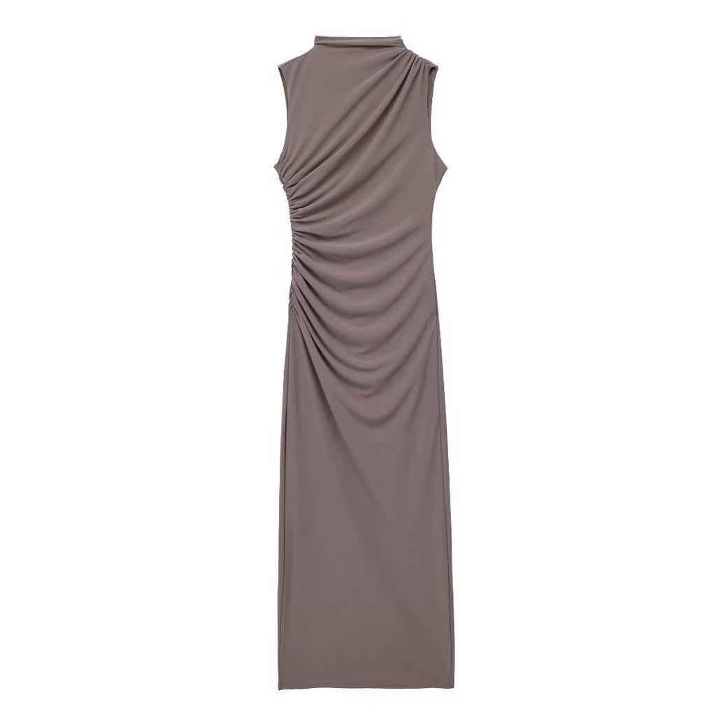 2024 Sleeveless Pleated Stand Collar Midi Dress - Solid Color Slim Fit