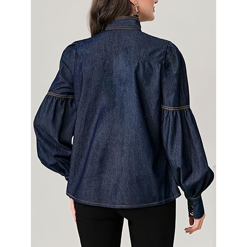 2025 Trendiges Damen-Denimhemd im europäischen Stil mit Schnür-Fliege