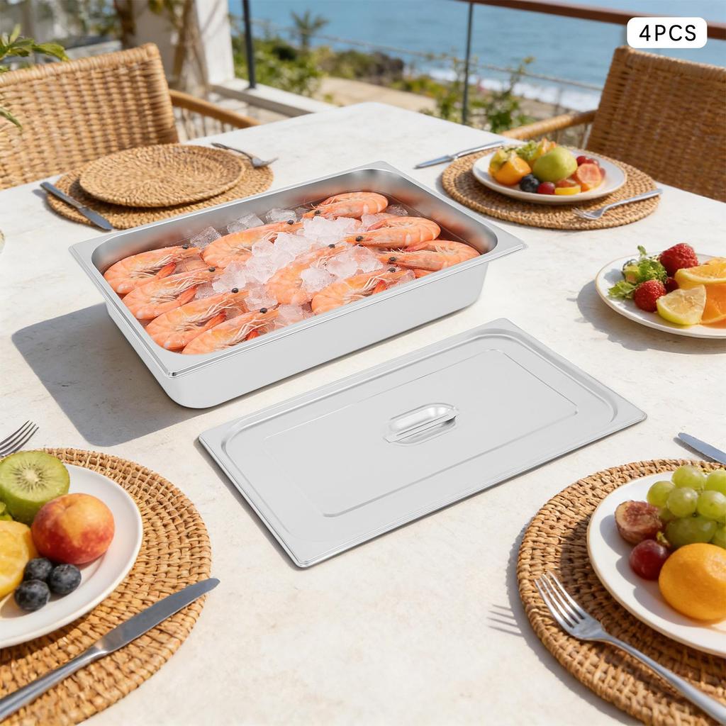 4-Pack 201 Stainless Steel Steam Table Pans with Lids, 2.38 Gal Food Pans 21 Inch Hotel Pan for Catering, Buffet, Restaurant & Home Kitchen