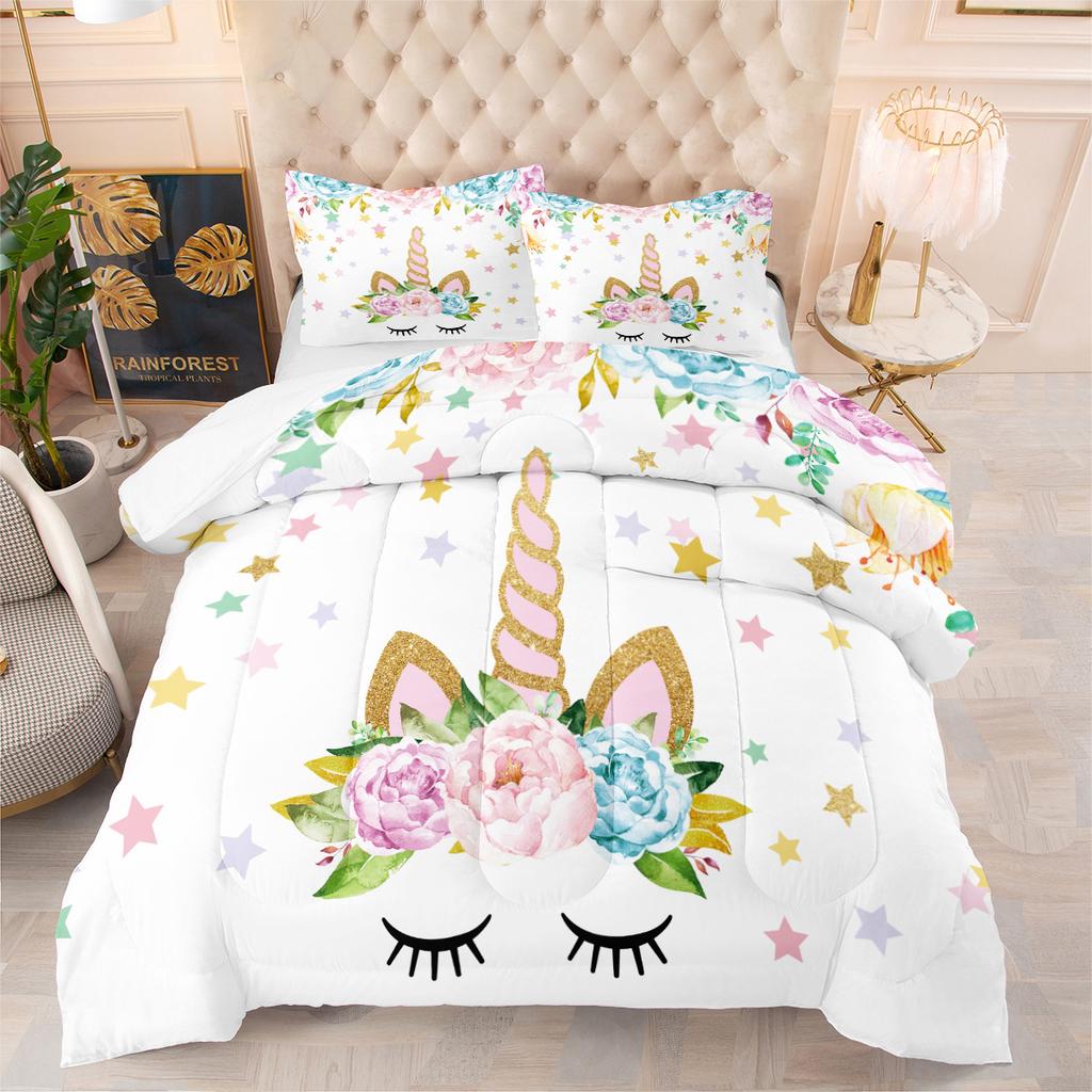 Cartoon Unicorn Three-piece Set Digital Print Fluffy Duvet Cover