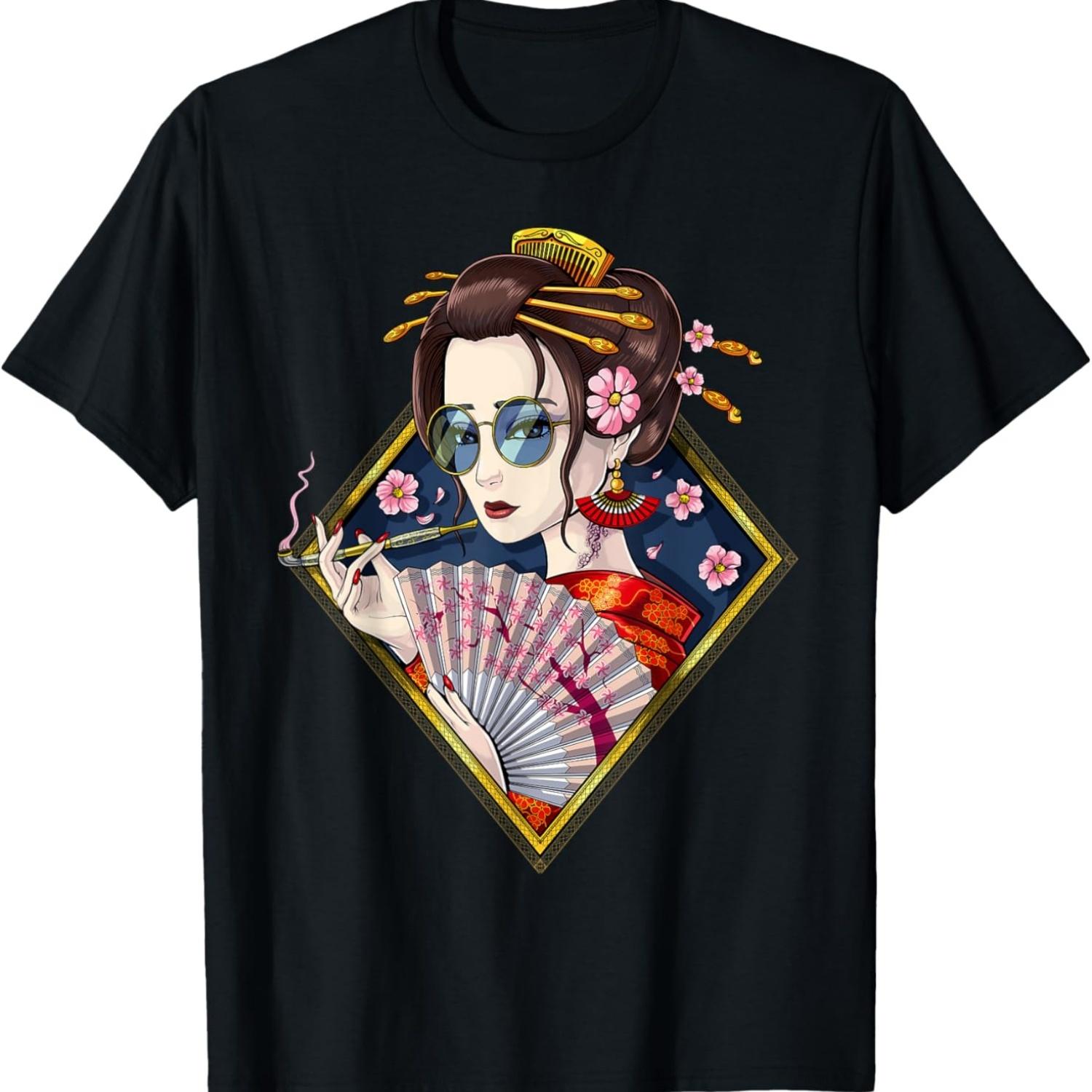 Geisha Cherry Blossom Flowers Floral Asian T-Shirt S