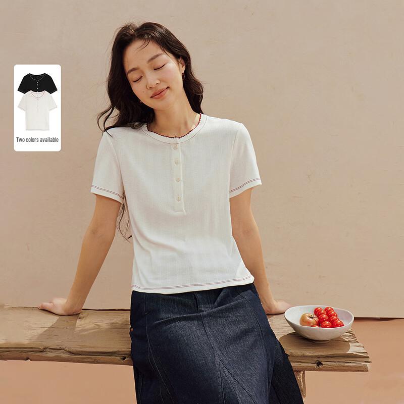 

INMAN French Style Color-Block Henley Neck Short Sleeve T-Shirt S