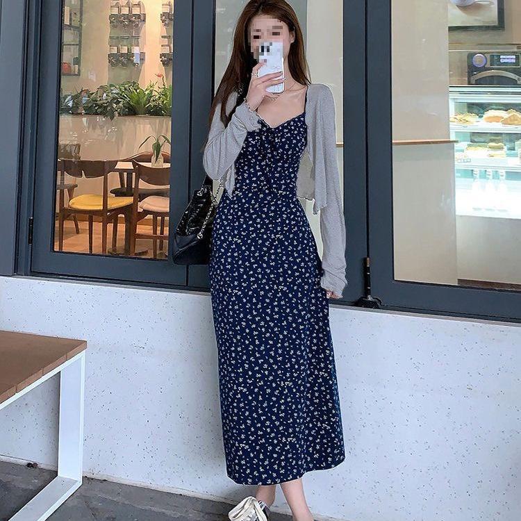Gentle Forest-Inspired Floral Camisole Dress with Lace-up Long Skirt & Long Sleeve Cropped Cardigan Set for Women