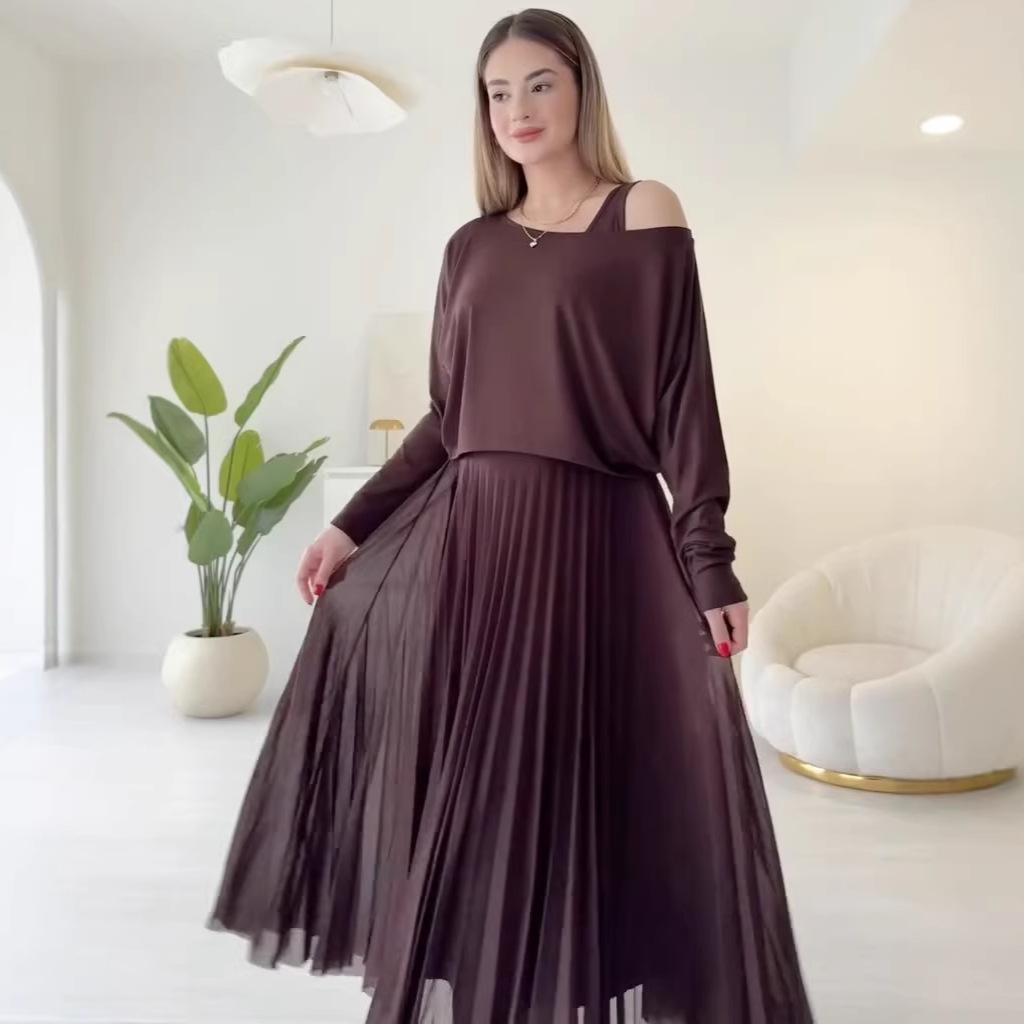 Cross-border European and American women's clothing Amazon sexy casual slanted shoulder long-sleeved top suspender bottom dress