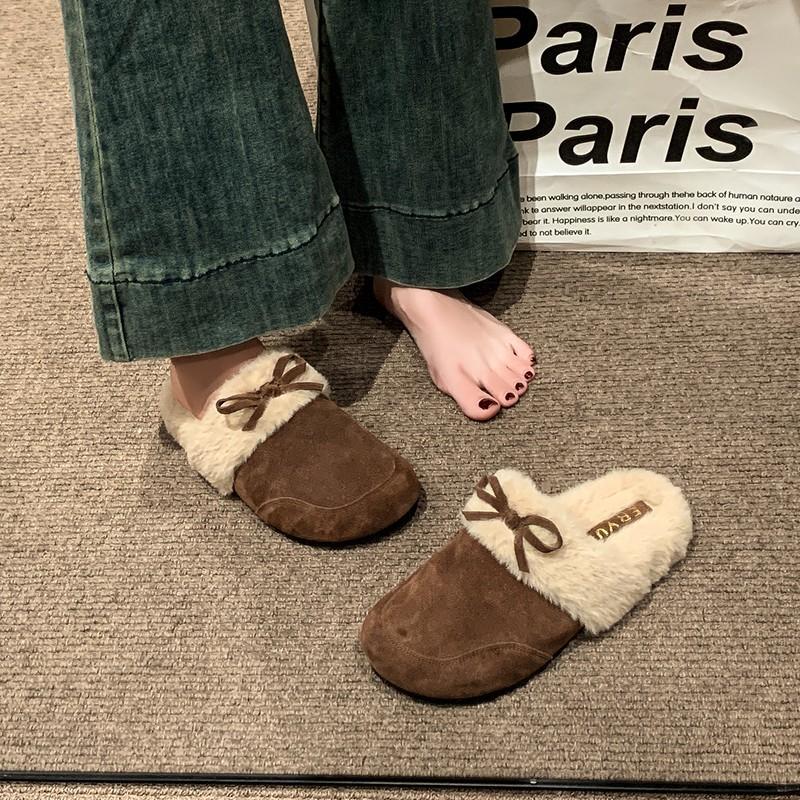 One-pedal bag head fluffy half slippers women's autumn and winter velvet outer wear 2025 new retro thermal cotton slippers