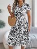 V Neck Printed Button Dress Waist Hugging Elegant Stringy Selvedge Dress for Women Batwing Sleeve Loose Dresses Causal Dress