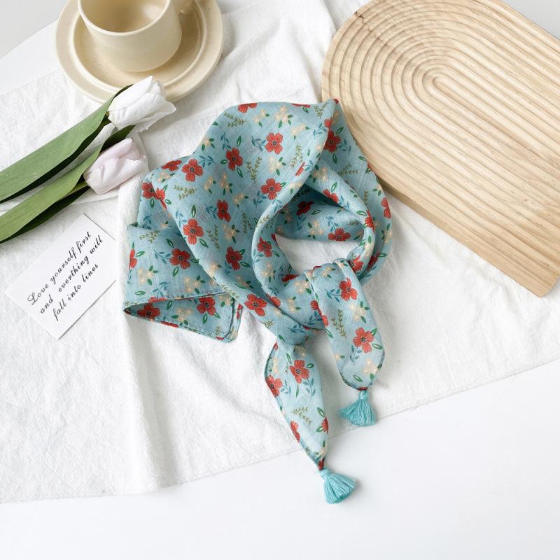Small Fresh And Sweet Silk Scarf Square Scarf High-End Cute Style With Cotton And Linen Small Square Scarf Women'S Scarf Fringed Pendant