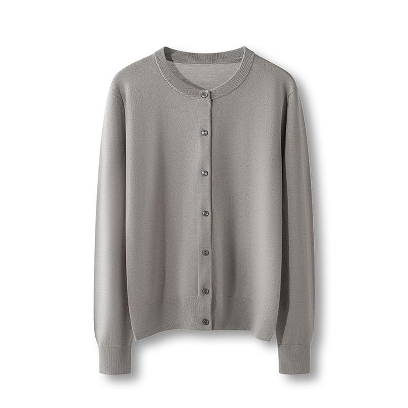 2026 Women's Elegant Fine Wool Cardigan - Loose, Slimming, Round Neck, Solid Color, Single-Breasted Outerwear