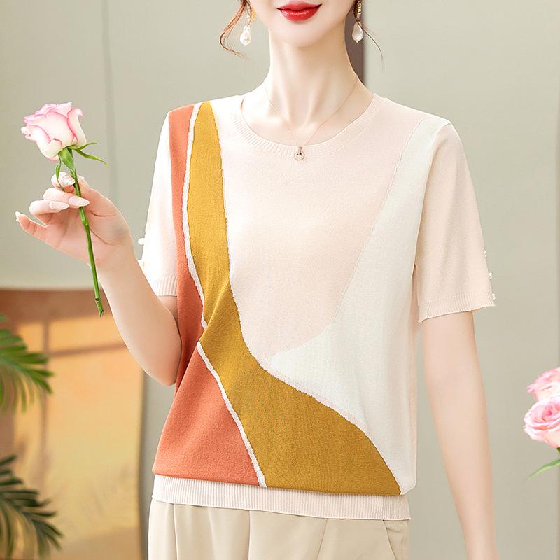 Women's Summer Knit Short-Sleeve Base Layer T-Shirt for Young Mothers & Middle-Aged Women