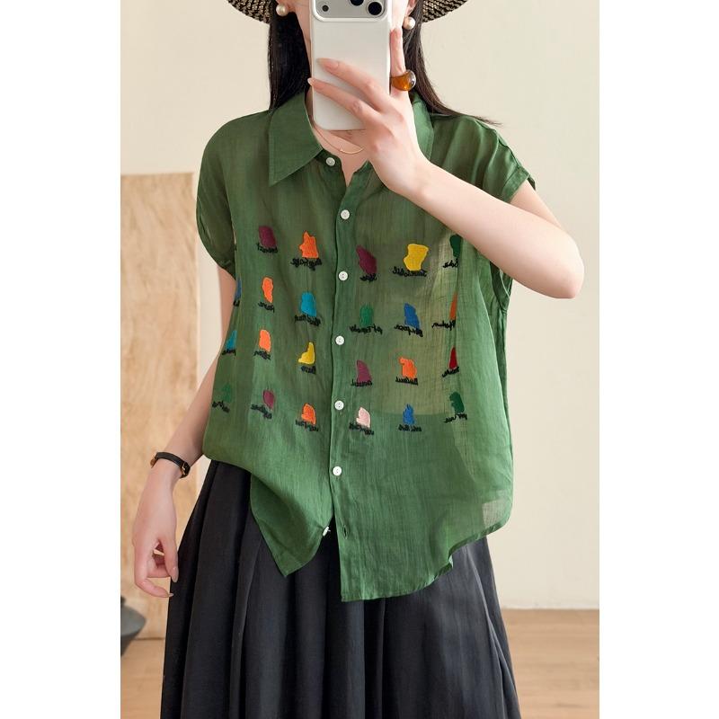 DIMANAF 2026 Summer New Plus Size Women Blouse Shirt Casual Lady Tops Tees Loose Embroidery Floral Cotton