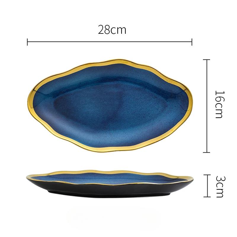 Creative Irregular Ceramic Plate Bowl Nordic Blue Glaze Irregular Golden Edge Steak Plate Main Dish Plate Household Tableware