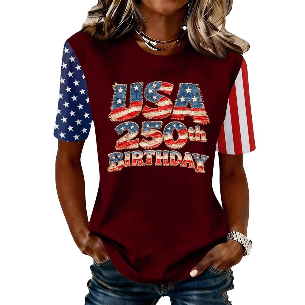 Blusa Feminina da Moda Casual de Manga Curta com Estampa e Gola Redonda