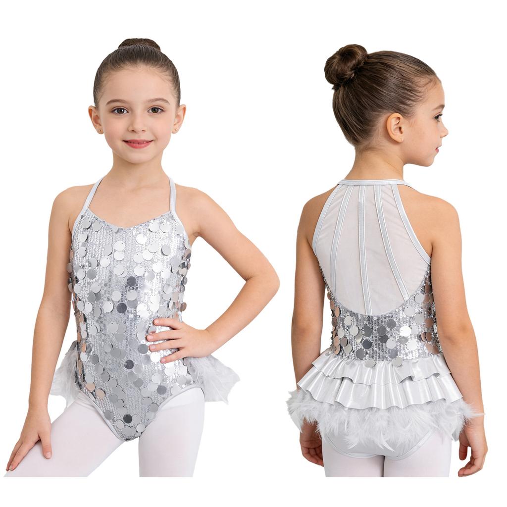 Kids Girls Dance Performance Costume Sleeveless Side Invisible Zipper Back Mesh Patchwork Feather Glittery Sequin Leotard