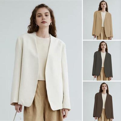 Women Suit Coat Collarless Long Sleeve Open Front Suit Jacket Solid Color Loose Fit