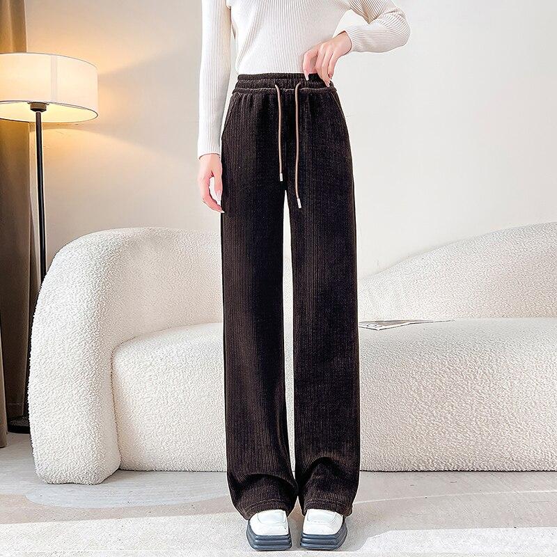 

Осень-зима повседневные брюки с высокой талией, широкие свободные брюки, эластичная уличная одежда для отдыха, вельветовые прямые брюки, женские XXXXXL коричневый
