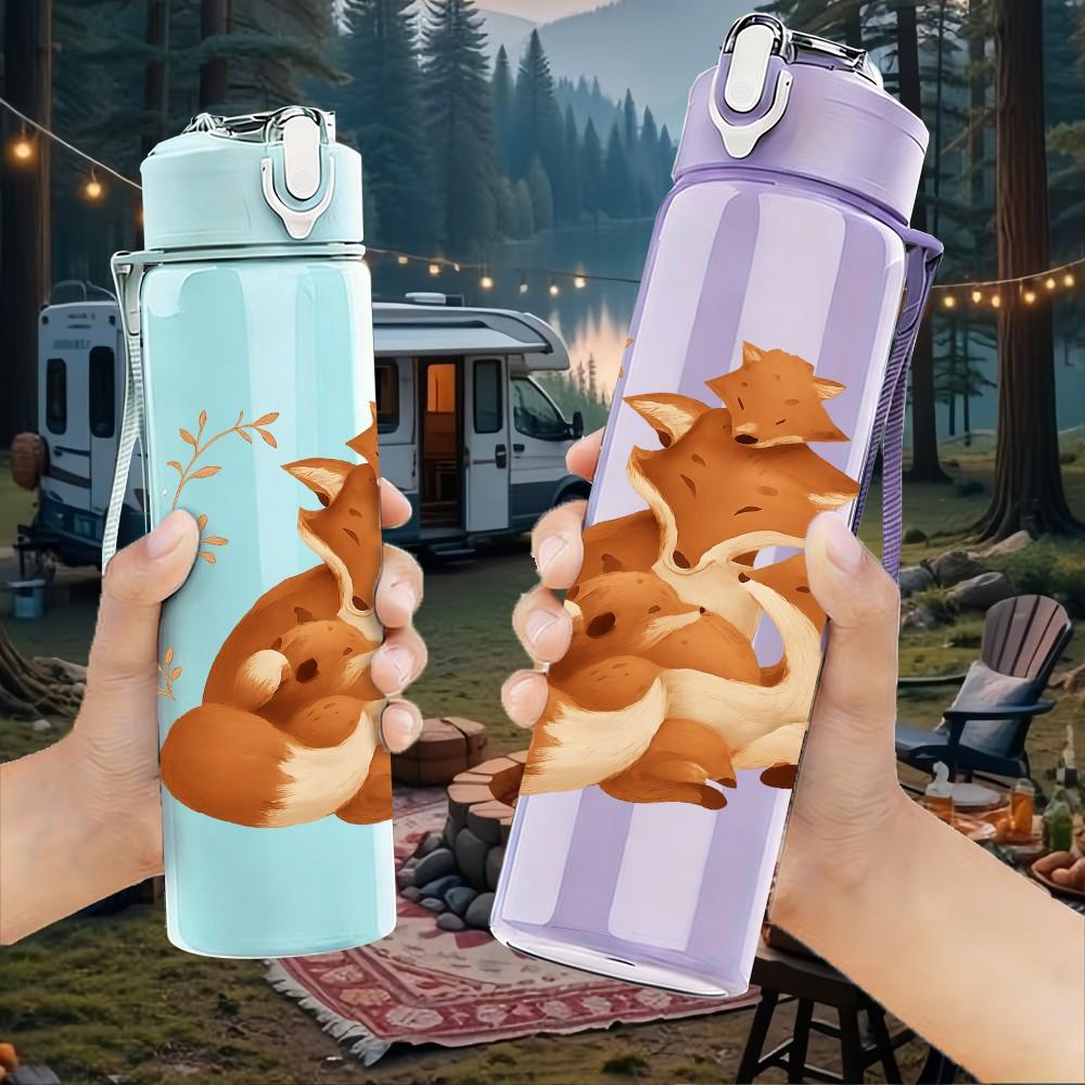 1PC Twin Fox Family Cartoon 750ml Color Plastic Sports Water Bottle Leakproof Flip Straw Lid Suitable for Sports Office Home Use