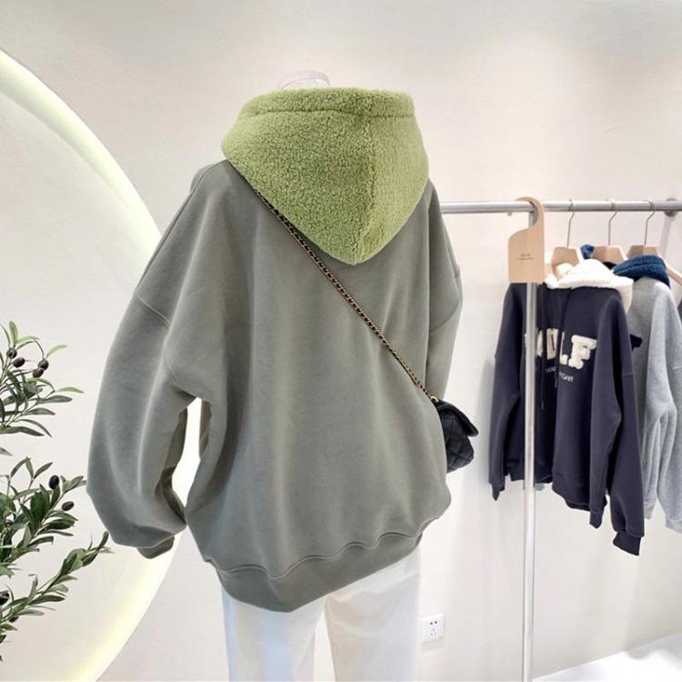 Thickened Padded Women's Loose Hooded Sweatshirt Faux Lamb Flannel Patchwork Clothing