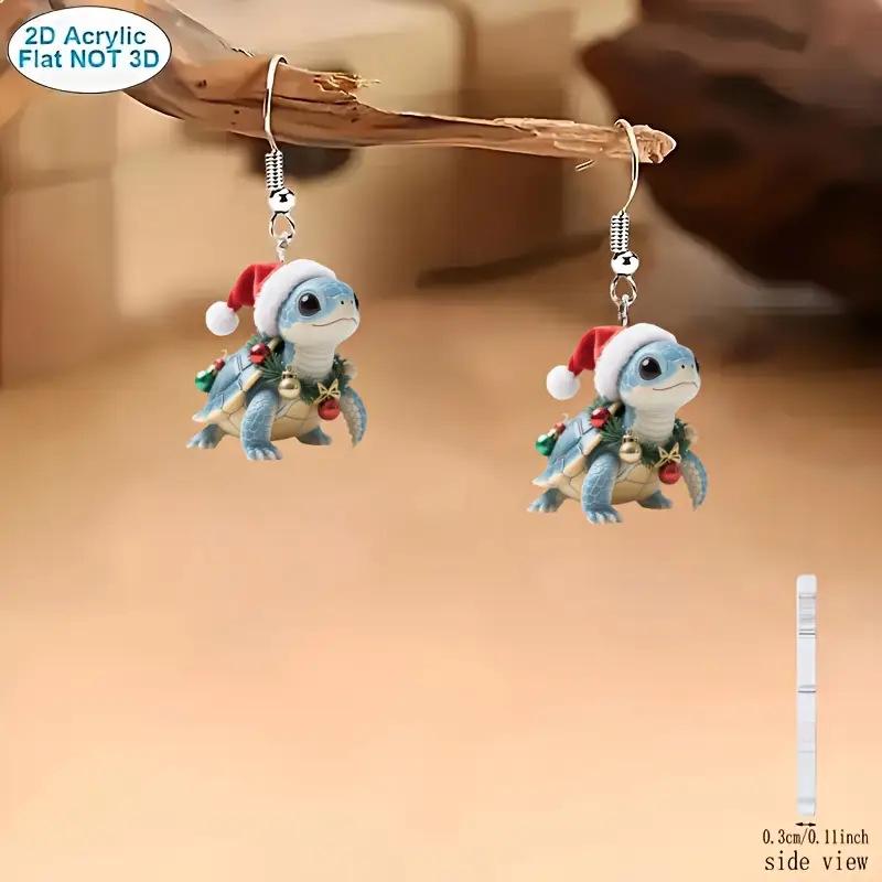 Creative Christmas Turtle Earrings with Santa Hat - Flat Acrylic Animal Design