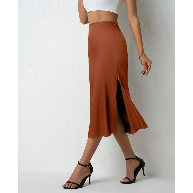 Damen Hoher Bund Satin Schlitz Saum A-Linie Midi Rock