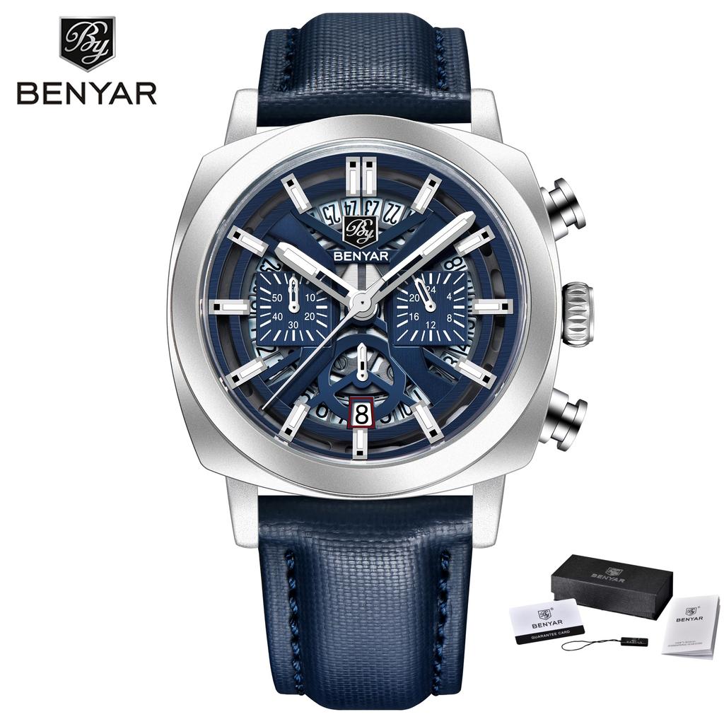 Benyar5205 New Men's Quartz Watch 43mm Luminous Dial 50m Water-Resistant Anti-Reflective Chronograph Fashionable Timepiece