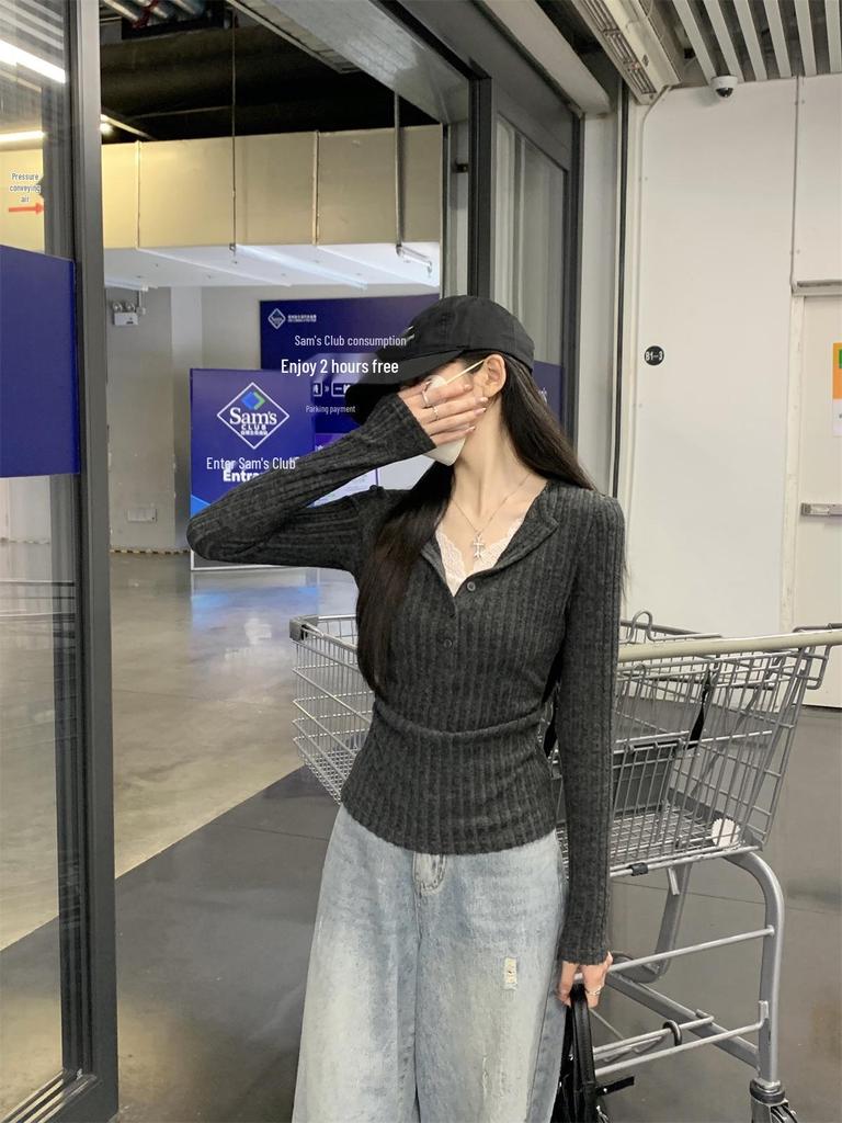 Gray Two-Piece Lace Knit Sweater for Women - Long-Sleeved Autumn Slim Base Layer Top