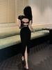 Summer New Short-sleeved Backless and Thin Hip-wrapped Split-ended Long Dress Design Sense Slim Waist Texture Black Dress