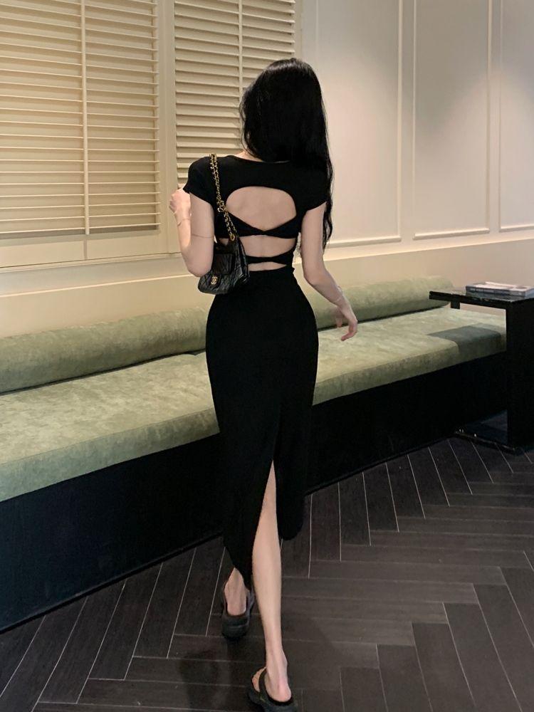 Summer New Short-sleeved Backless and Thin Hip-wrapped Split-ended Long Dress Design Sense Slim Waist Texture Black Dress